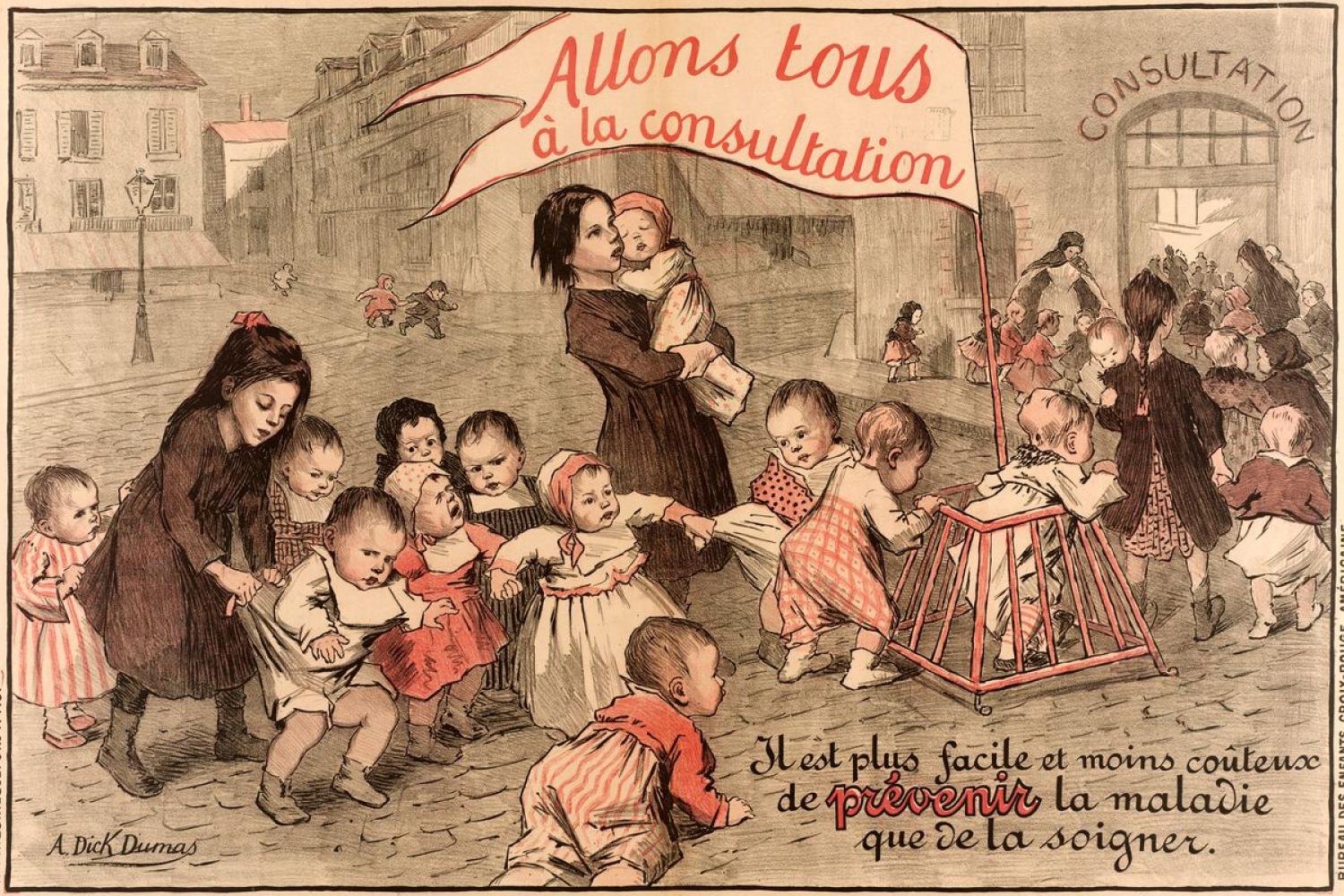 Allons tous à la consultation, dessin d'Alice Dick Dumas. Publicité de l'American national Red Cross - 1918 - Bibliothèque municipale de Rouen, Est. atl. 039