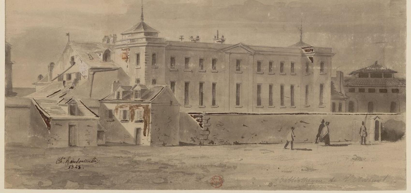 Bibliothèque de l'Arsenal, vue prise du Boulevard Morland. Dessin de Charles Ransonnette (1793-1877), Paris, 1848.  -  - BnF, département des Estampes et de la photographie