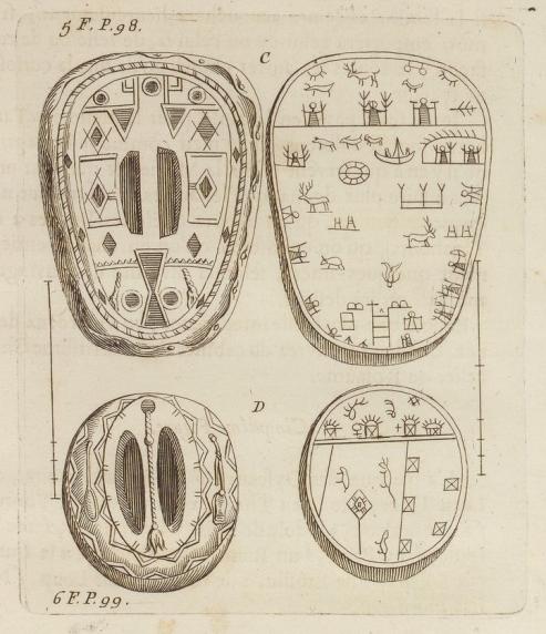 Histoire de la Laponie, sa description, l'origine, les moeurs, la maniere de vivre de ses habitans, leur religion, leur magie, & les choses rares du païs par Johannes Gerhard Scheffer (1621-1679) (planche avec tambours)